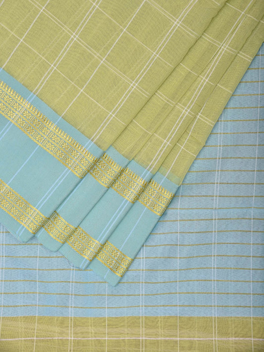 Light Green and Light Blue Bamboo Cotton Saree with Big Checks Design No Blouse bc0617
