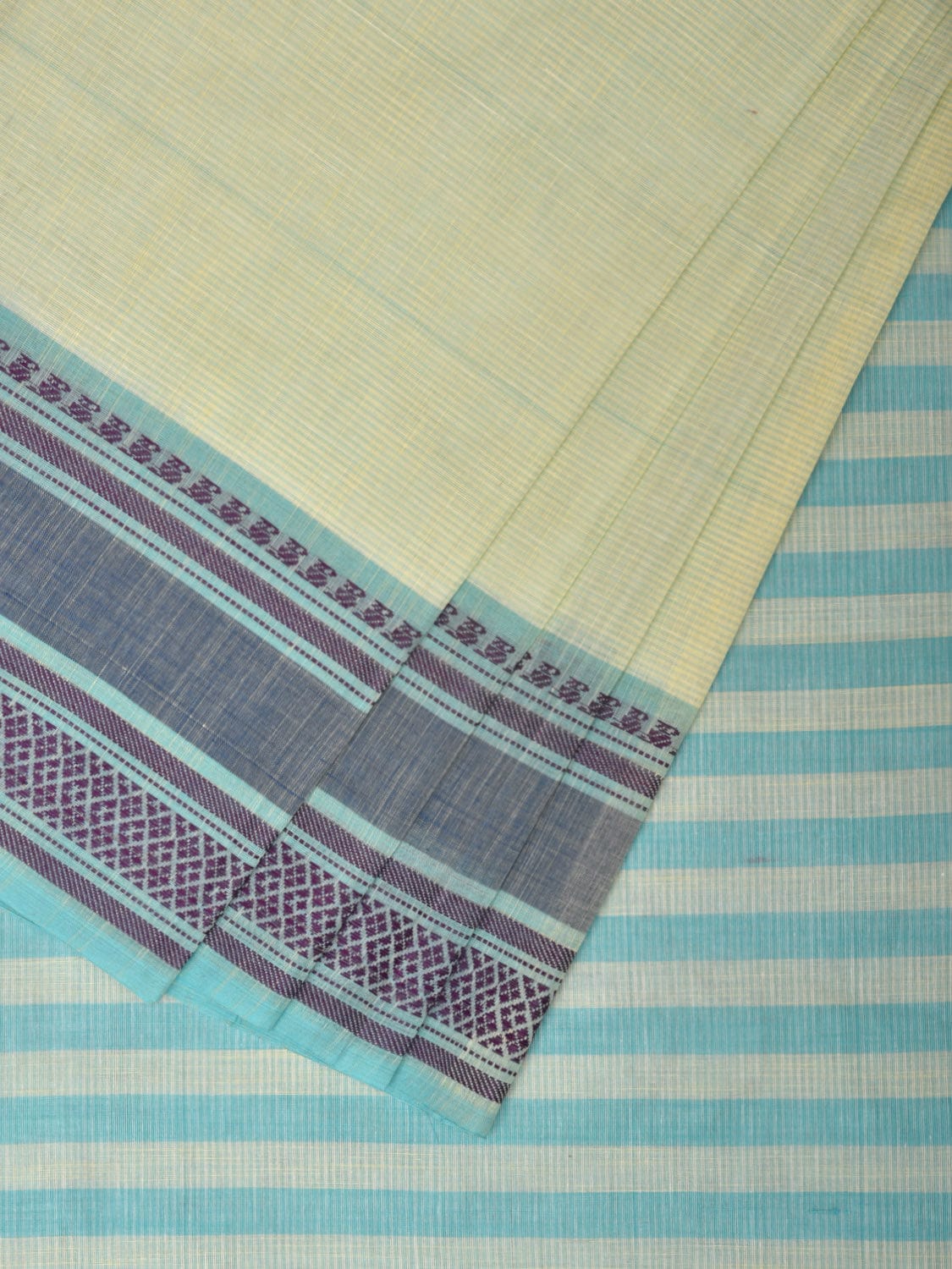 Light Green and Light Blue Kanchipuram Cotton Saree with Strips Pallu and Border Design k0529