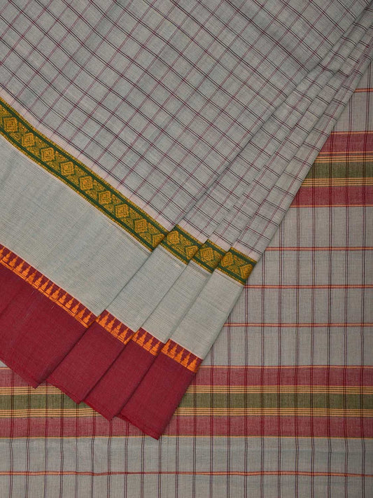 Light Green and Maroon Narayanpet Cotton Handloom Saree with Checks Design and Big Border No Blouse np1022
