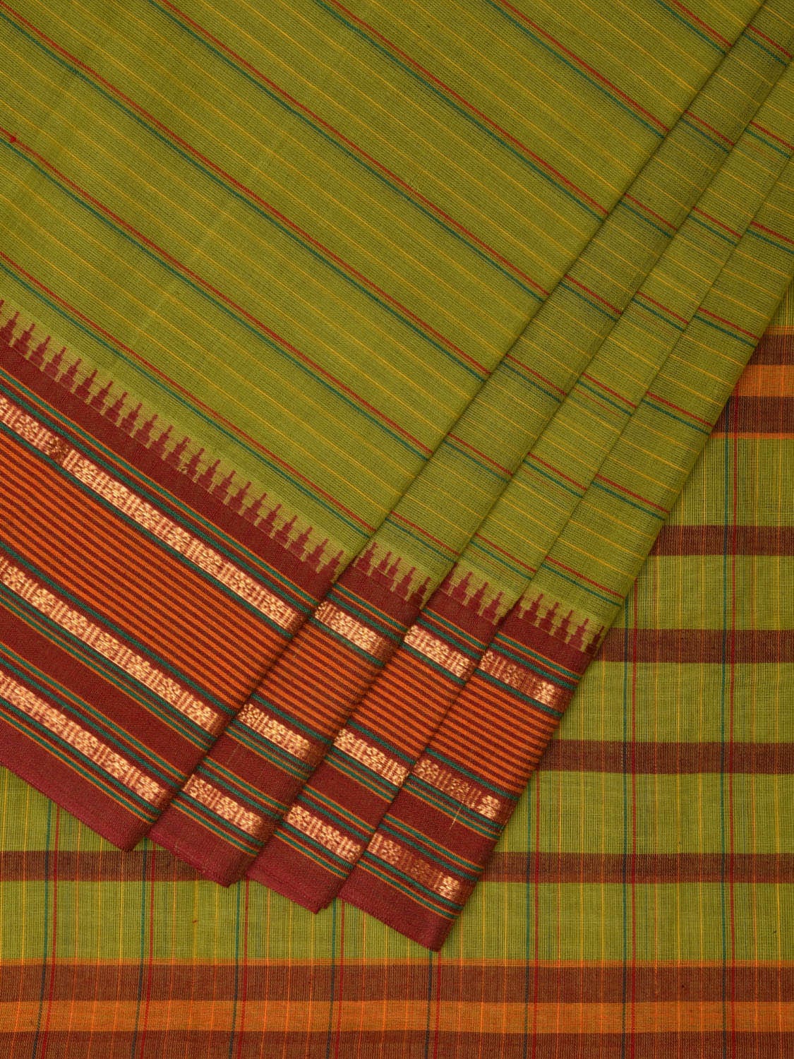 Light Green and Maroon Narayanpet Cotton Handloom Saree with Strips Design No Blouse np1005