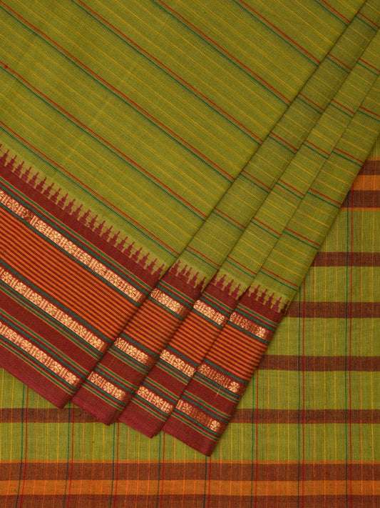 Light Green and Maroon Narayanpet Cotton Handloom Saree with Strips Design No Blouse np1005