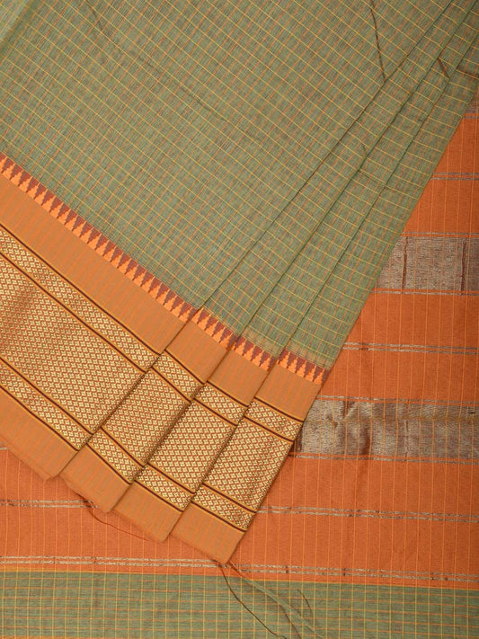 Light Green and Mustard Bamboo Cotton Saree with Checks and Contrast Pallu Design No Blouse bc0567