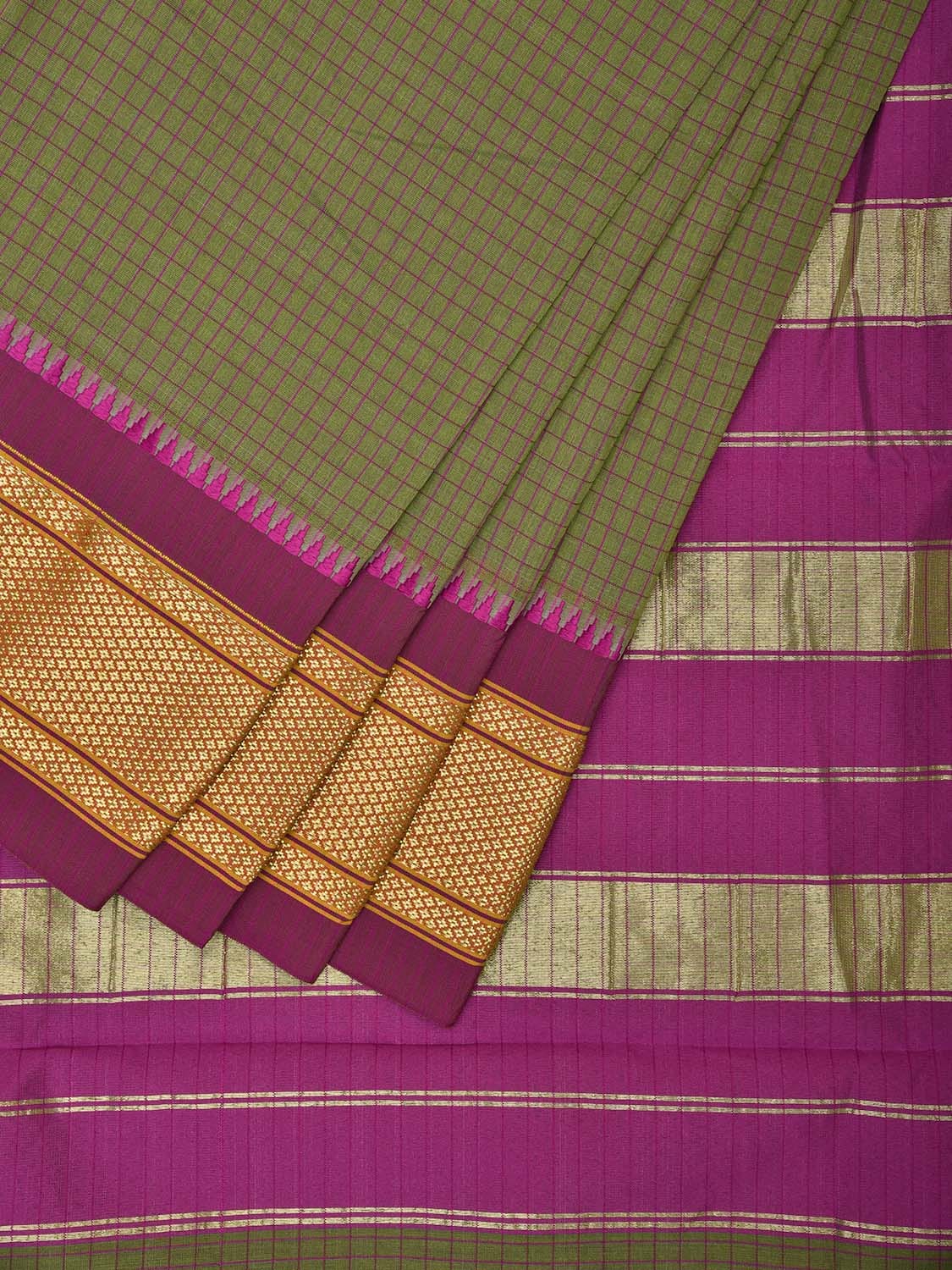 Light Green and Pink Bamboo Cotton Saree with Checks Design and Narali Border No Blouse bc0558