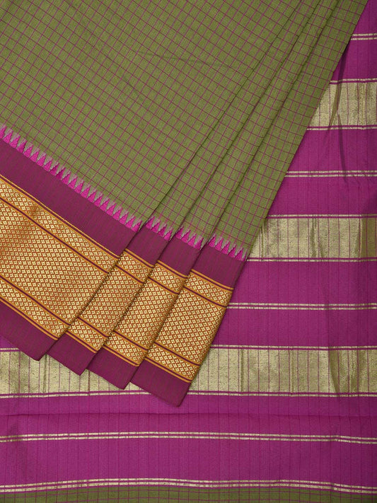 Light Green and Pink Bamboo Cotton Saree with Checks Design and Narali Border No Blouse bc0558