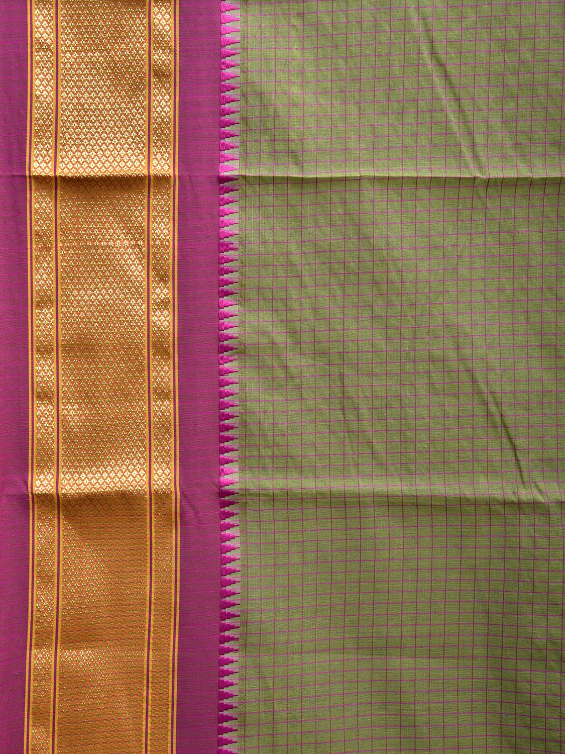 Light Green and Pink Bamboo Cotton Saree with Checks Design and Narali Border No Blouse bc0558
