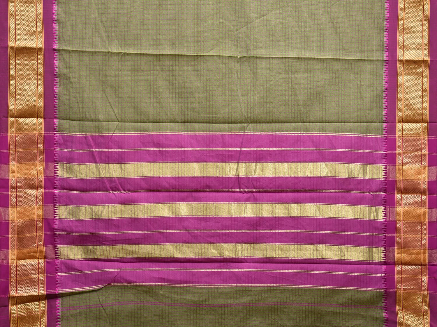 Light Green and Pink Bamboo Cotton Saree with Checks Design and Narali Border No Blouse bc0558