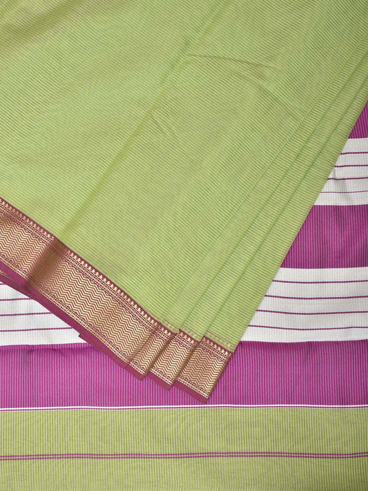 Light Green and Purple Bamboo Cotton Saree with Strips Design No Blouse bc0183