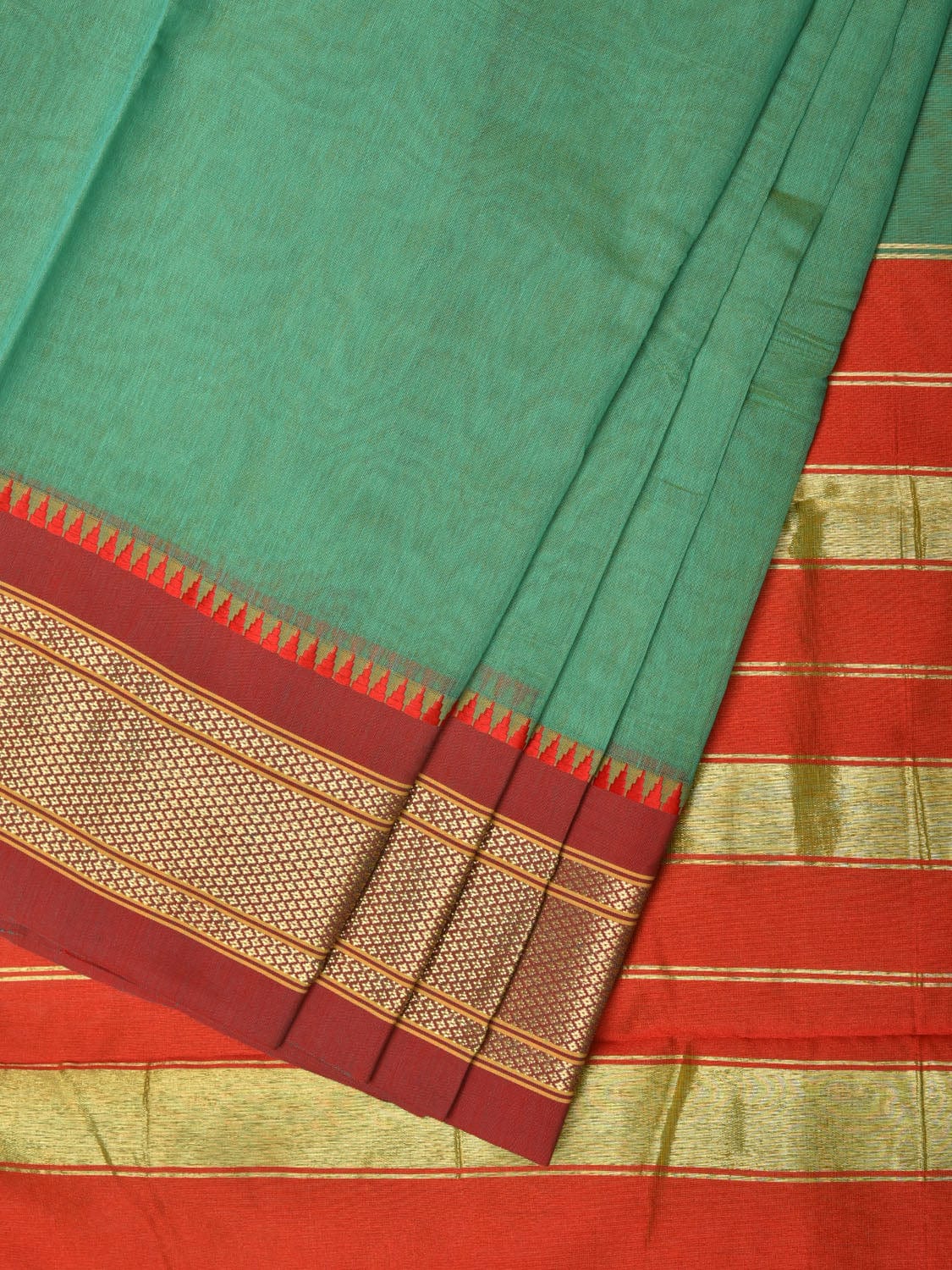 Light Green and Red Bamboo Cotton Plain Saree with Strips Pallu Design No Blouse bc0256
