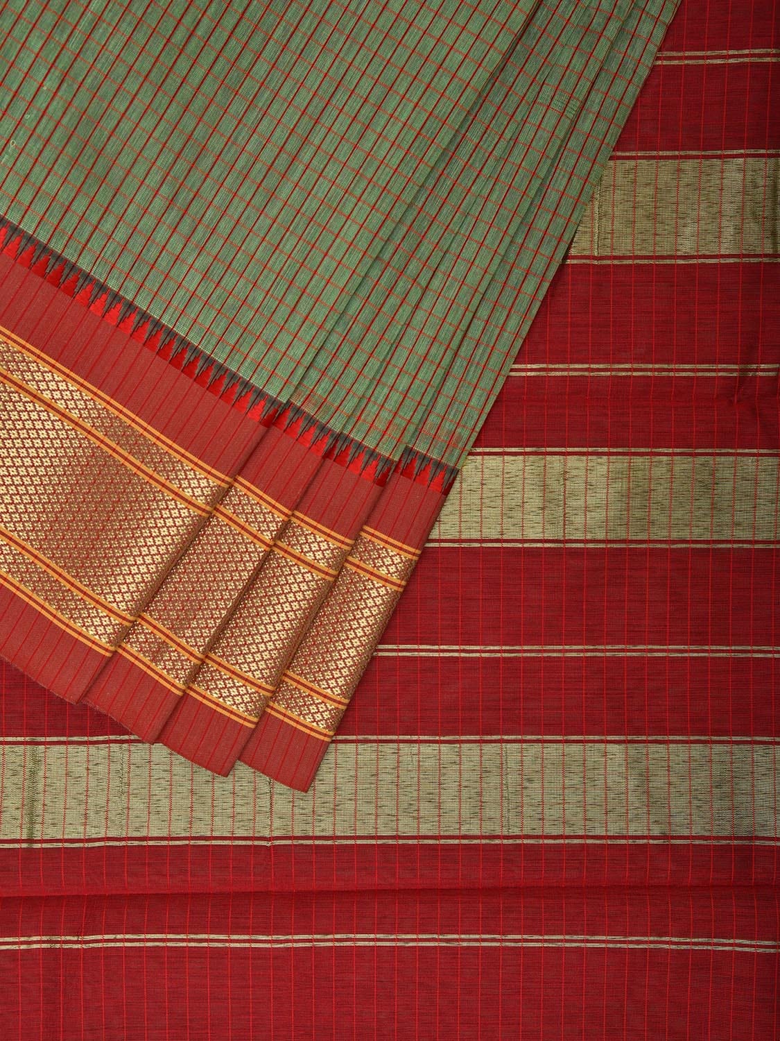 Light Green and Red Bamboo Cotton Saree with Checks Design No Blouse bc0489