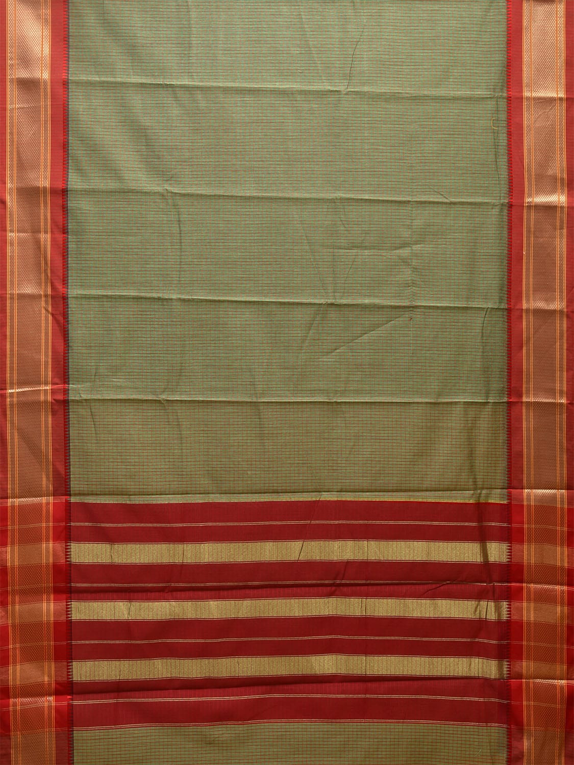 Light Green and Red Bamboo Cotton Saree with Checks Design No Blouse bc0489