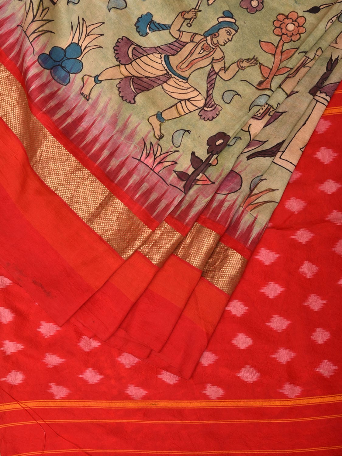 Light Green and Red Kalamkari Hand Painted Ikat Silk Handloom Saree with Village Theme Design KL0739