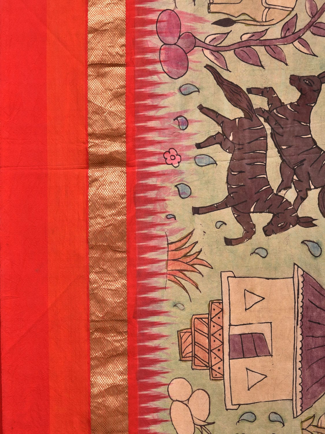 Light Green and Red Kalamkari Hand Painted Ikat Silk Handloom Saree with Village Theme Design KL0739