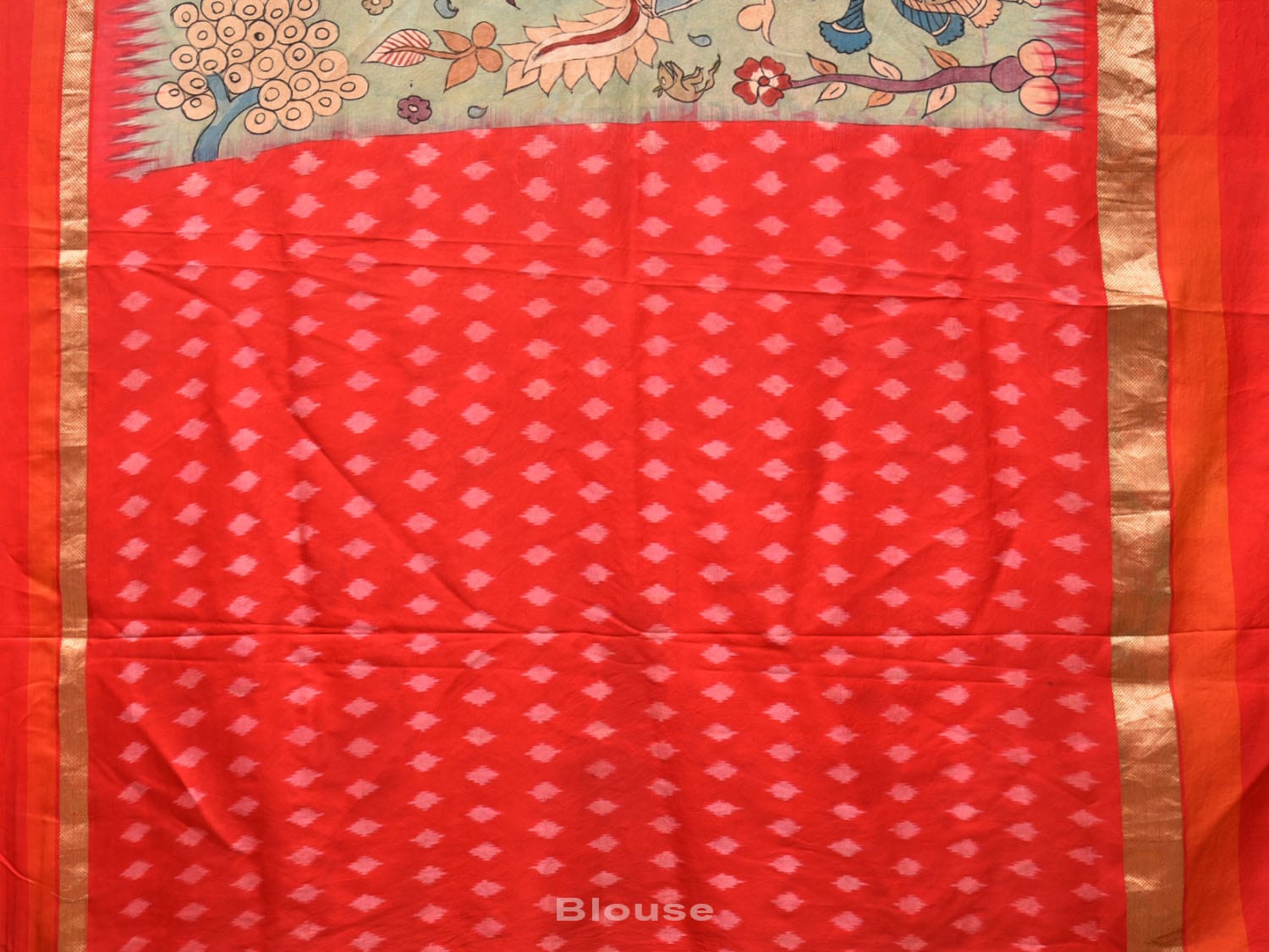 Light Green and Red Kalamkari Hand Painted Ikat Silk Handloom Saree with Village Theme Design KL0739