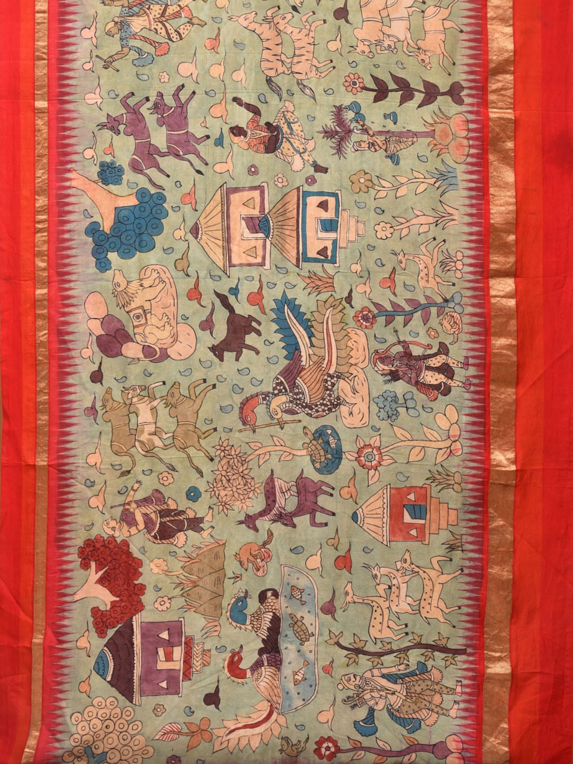 Light Green and Red Kalamkari Hand Painted Ikat Silk Handloom Saree with Village Theme Design KL0739