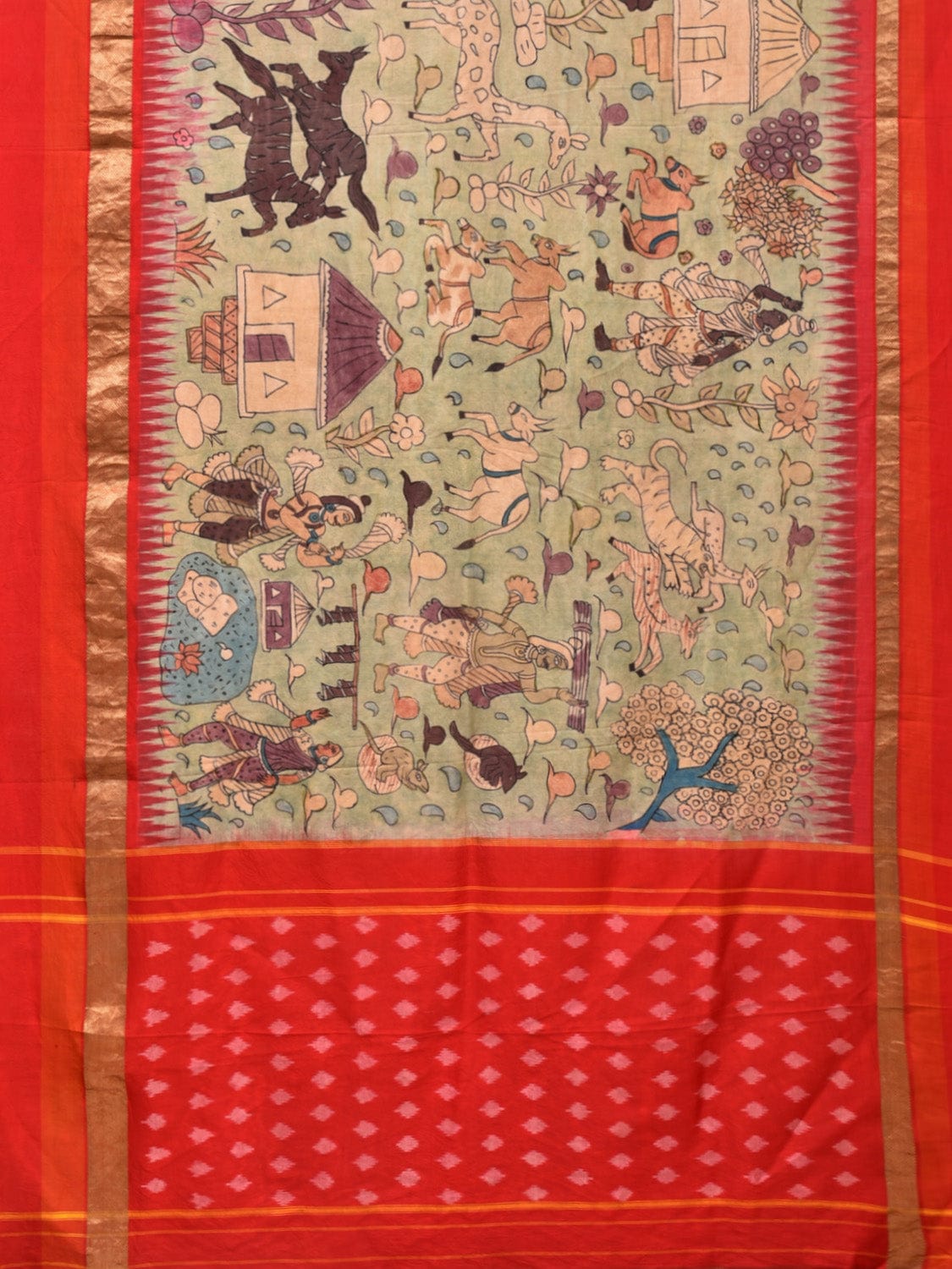 Light Green and Red Kalamkari Hand Painted Ikat Silk Handloom Saree with Village Theme Design KL0739