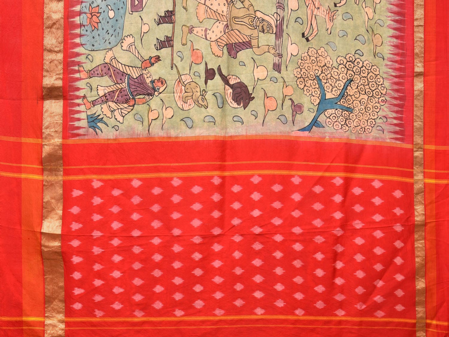 Light Green and Red Kalamkari Hand Painted Ikat Silk Handloom Saree with Village Theme Design KL0739