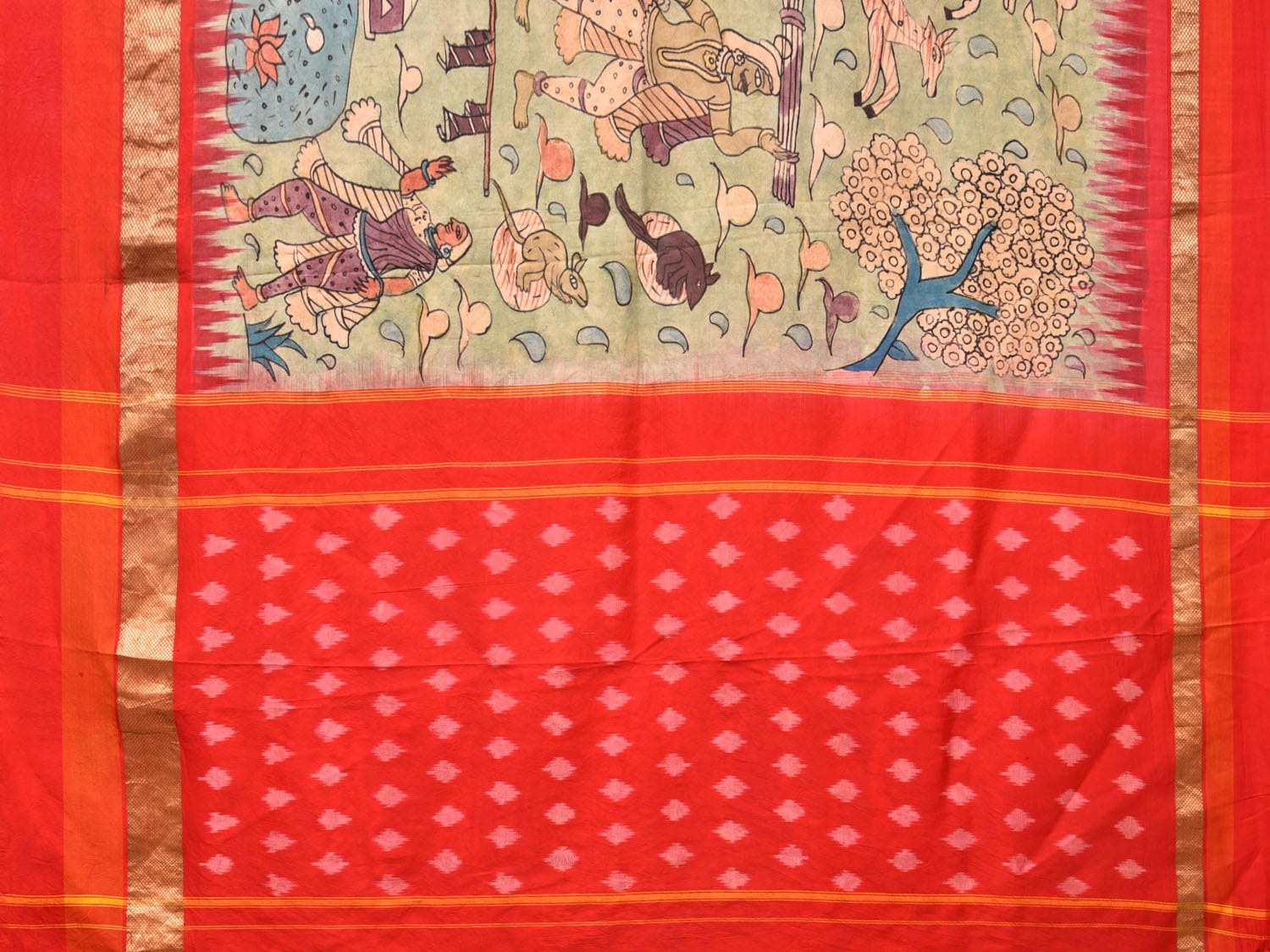 Light Green and Red Kalamkari Hand Painted Ikat Silk Handloom Saree with Village Theme Design KL0739