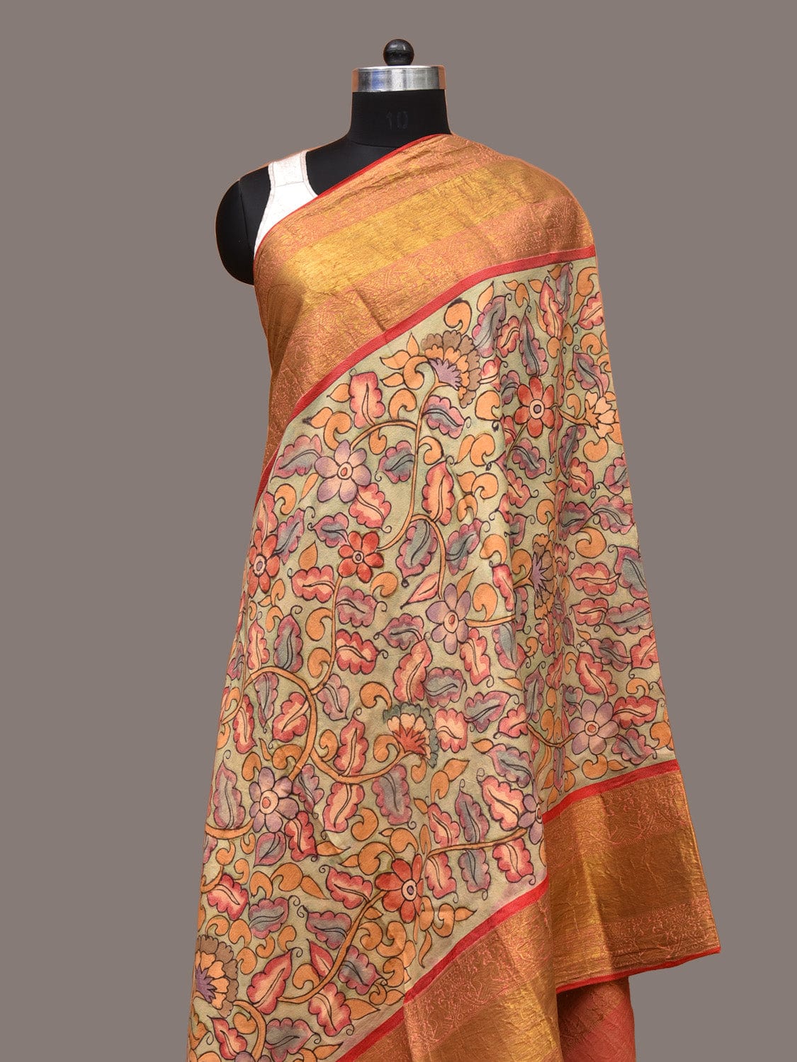 Light Green and Red Kalamkari Hand Painted Kanchipuram Silk Handloom Dupatta with Floral Design ds3321