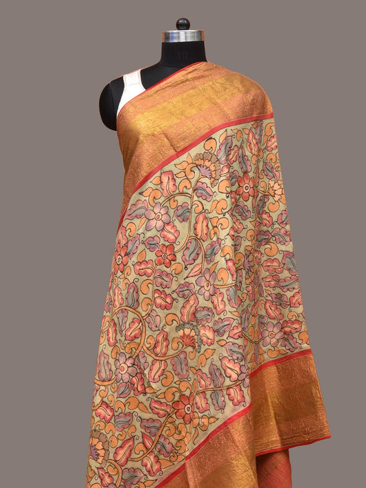 Light Green and Red Kalamkari Hand Painted Kanchipuram Silk Handloom Dupatta with Floral Design ds3321