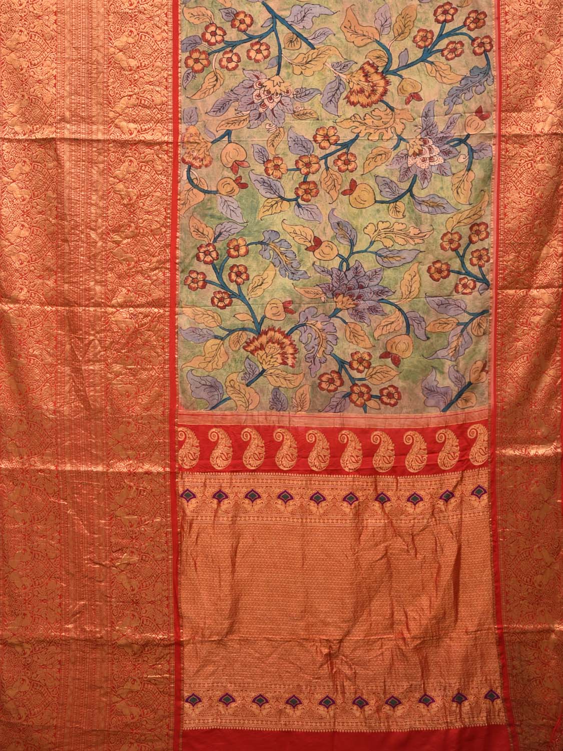 Light Green and Red Kalamkari Hand Painted Kanchipuram Silk Handloom Saree with Floral Design KL0467
