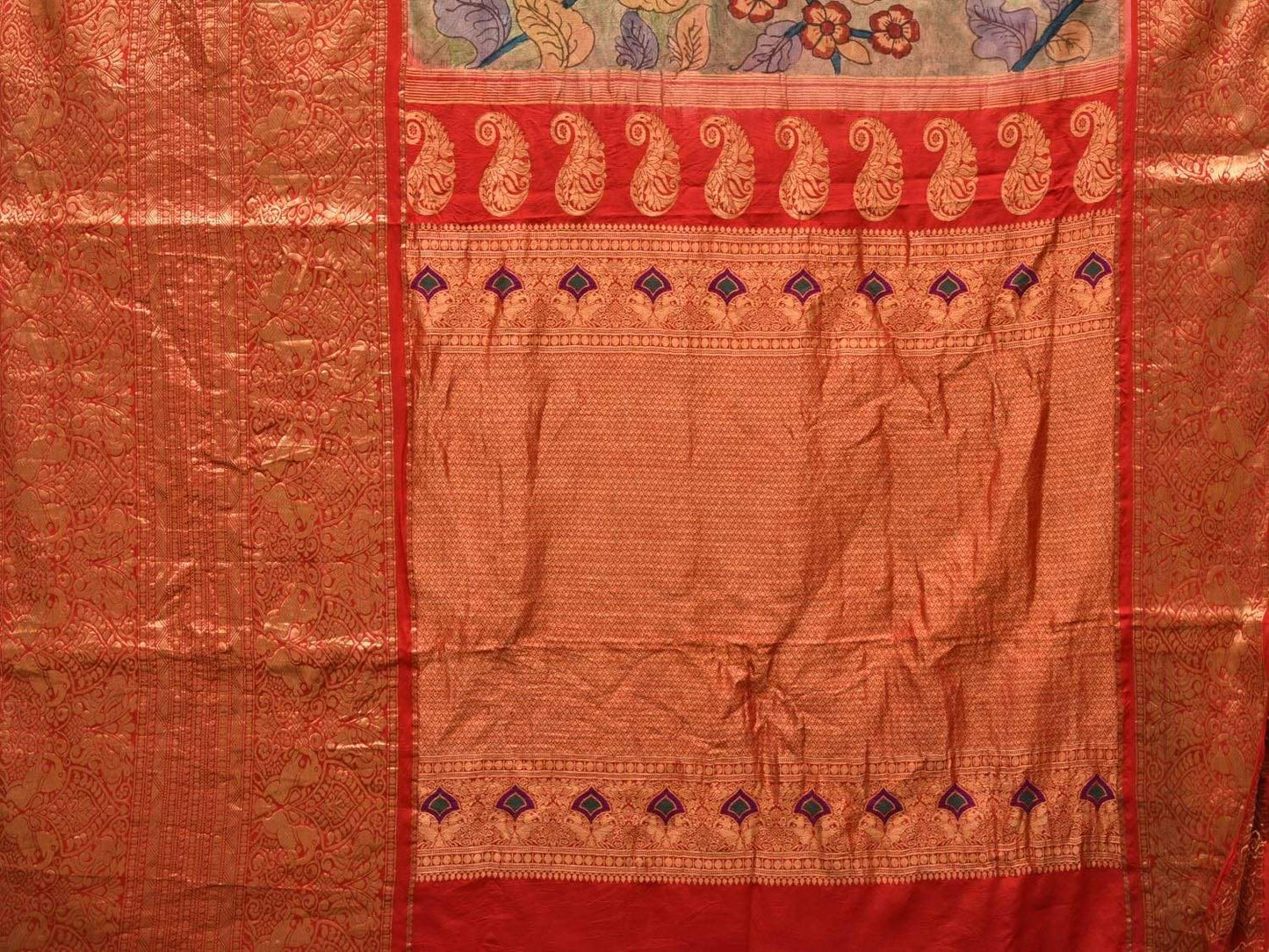 Light Green and Red Kalamkari Hand Painted Kanchipuram Silk Handloom Saree with Floral Design KL0467