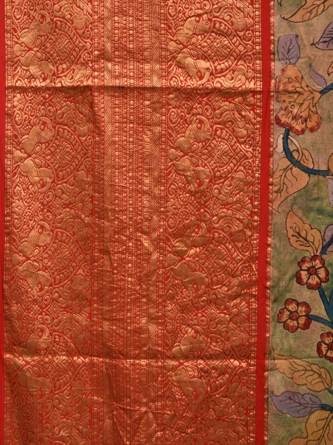 Light Green and Red Kalamkari Hand Painted Kanchipuram Silk Handloom Saree with Floral Design KL0467