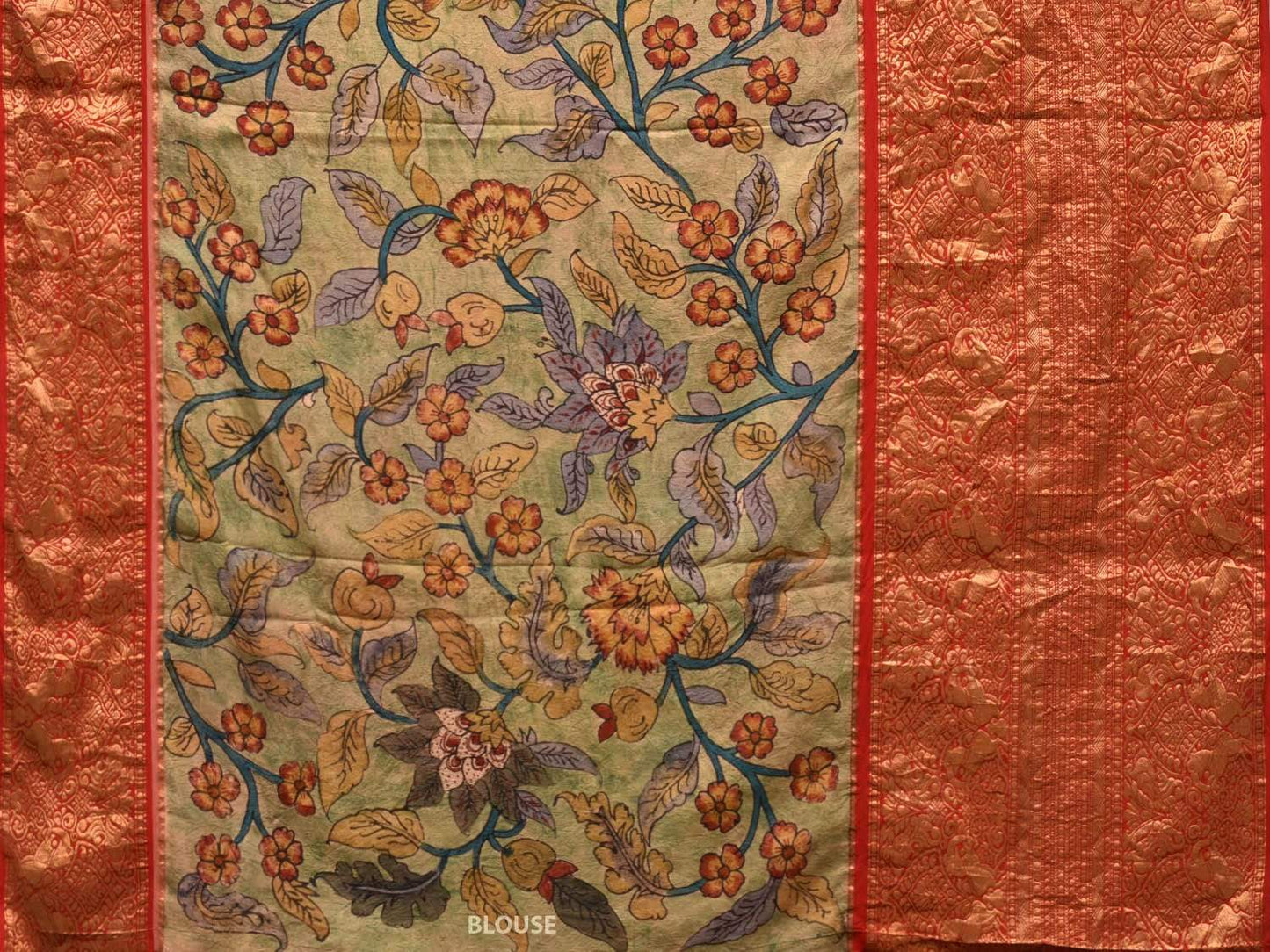 Light Green and Red Kalamkari Hand Painted Kanchipuram Silk Handloom Saree with Floral Design KL0467