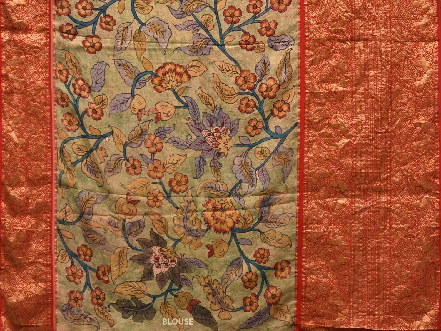 Light Green and Red Kalamkari Hand Painted Kanchipuram Silk Handloom Saree with Floral Design KL0467