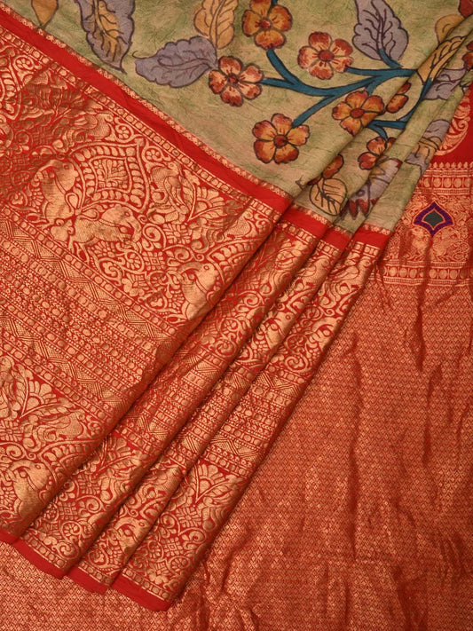 Light Green and Red Kalamkari Hand Painted Kanchipuram Silk Handloom Saree with Floral Design KL0467