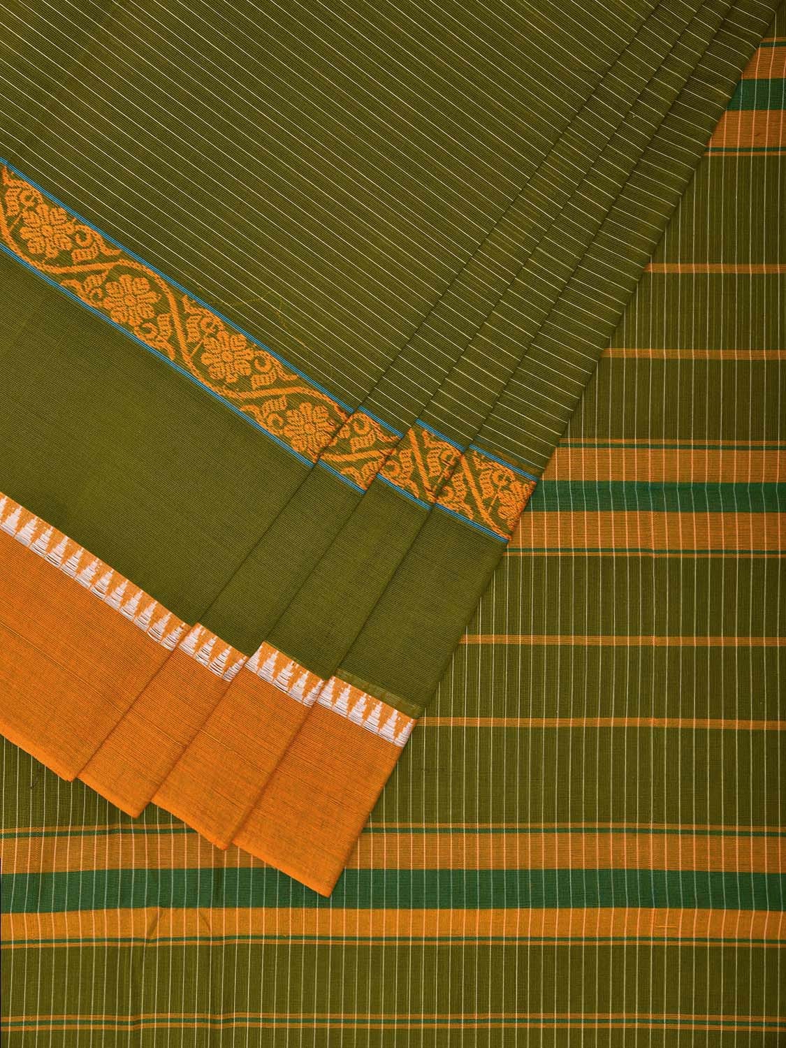 Light Green and Yellow Narayanpet Cotton Handloom Saree with Big Border and Strips Design No Blouse np1041