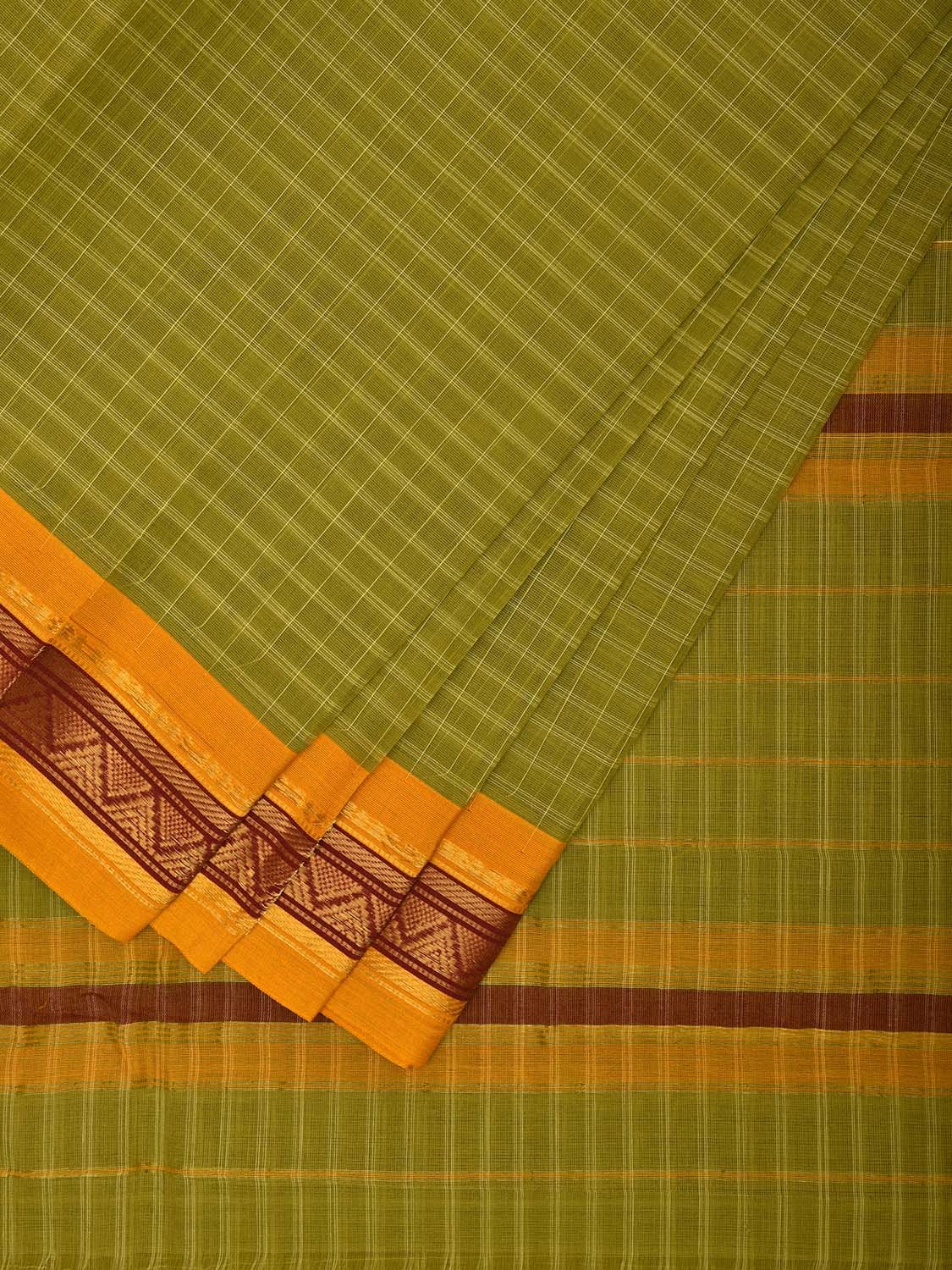 Light Green and Yellow Narayanpet Cotton Handloom Saree with Checks Design No Blouse np1031