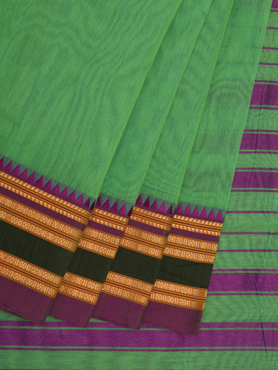 Light Green Bamboo Cotton Plain Saree with Narayanpet Border Design No Blouse o0341
