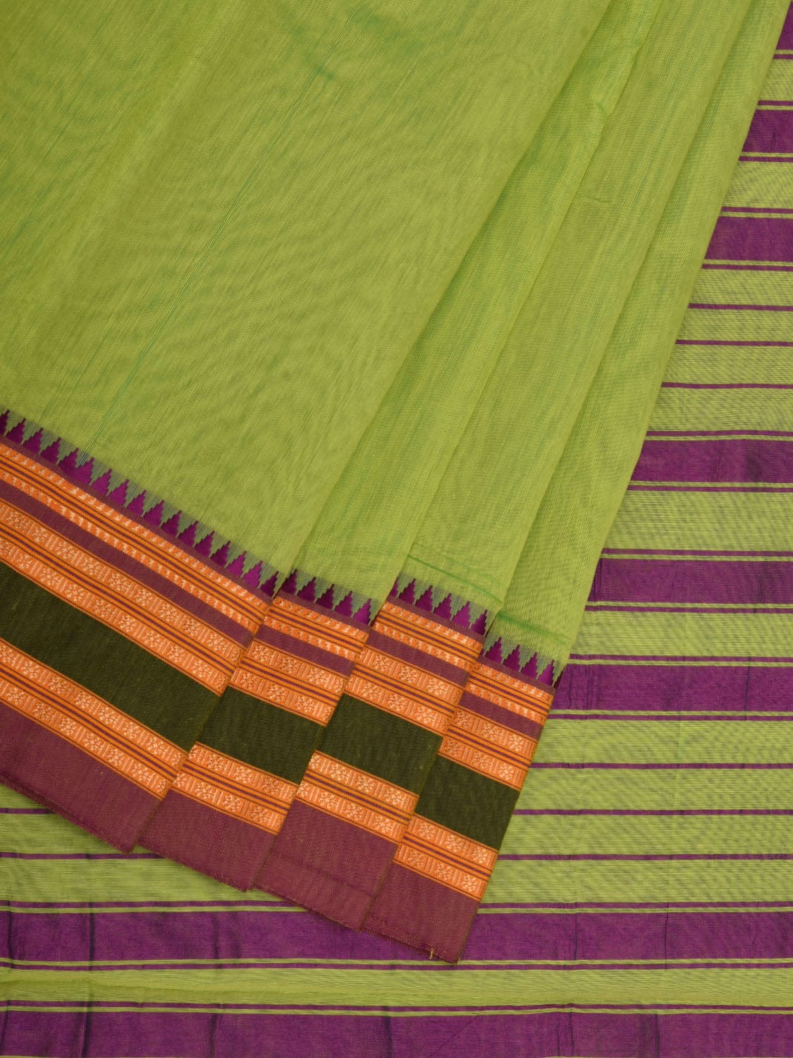 Light Green Bamboo Cotton Plain Saree with Narayanpet Border Design No Blouse o0344