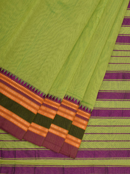 Light Green Bamboo Cotton Plain Saree with Narayanpet Border Design No Blouse o0344