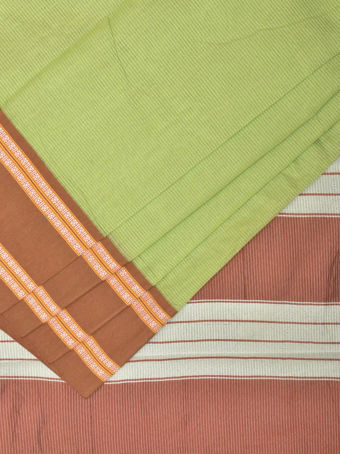 Light Green Bamboo Cotton Plain Saree with Strips Design No Blouse bc0203