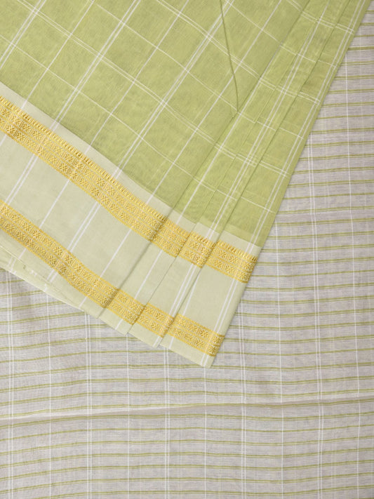 Light Green Bamboo Cotton Saree with Big Checks and Doby Border Design bc0130