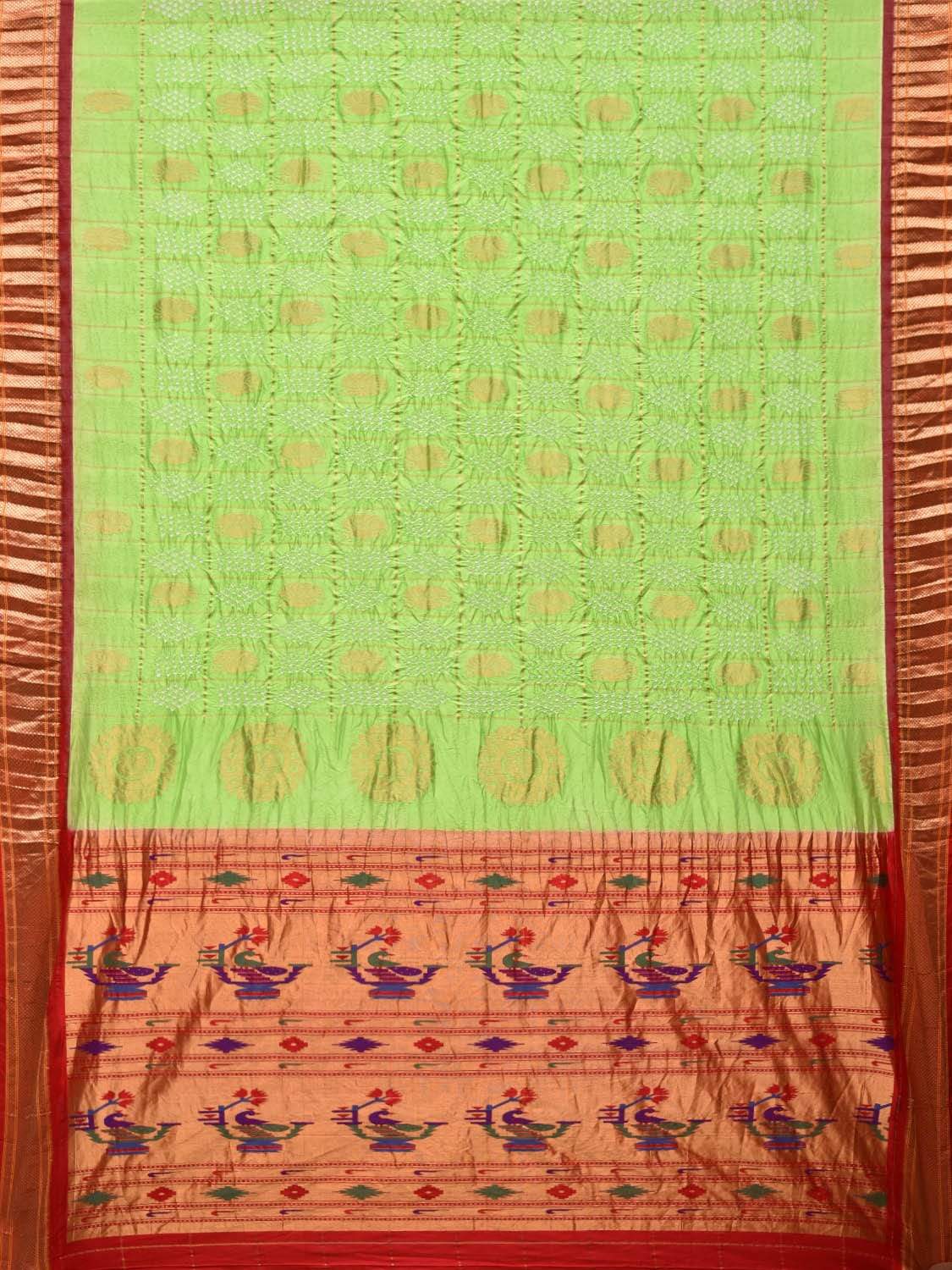 Light Green Bandhani Paithani Silk Handloom Saree with Buta and Checks Design bn0150