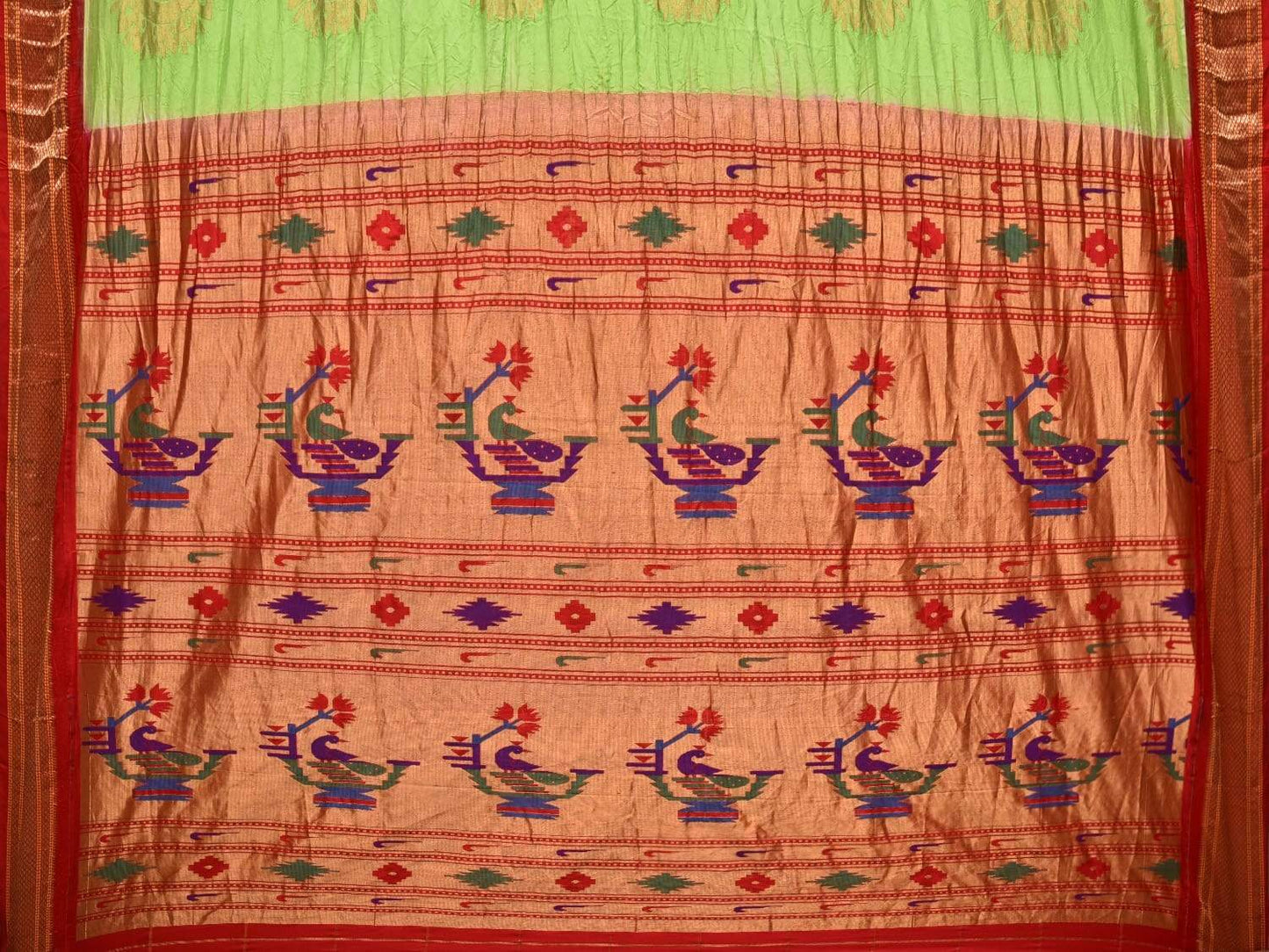Light Green Bandhani Paithani Silk Handloom Saree with Buta and Checks Design bn0150