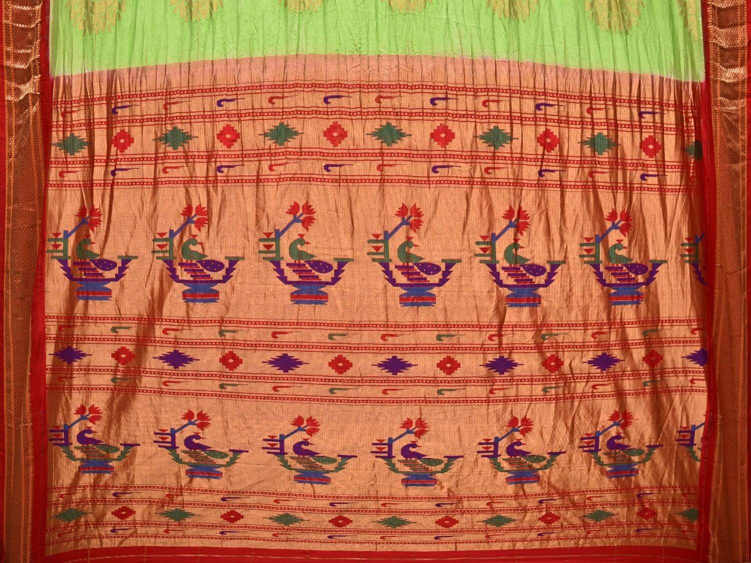 Light Green Bandhani Paithani Silk Handloom Saree with Buta and Checks Design bn0150