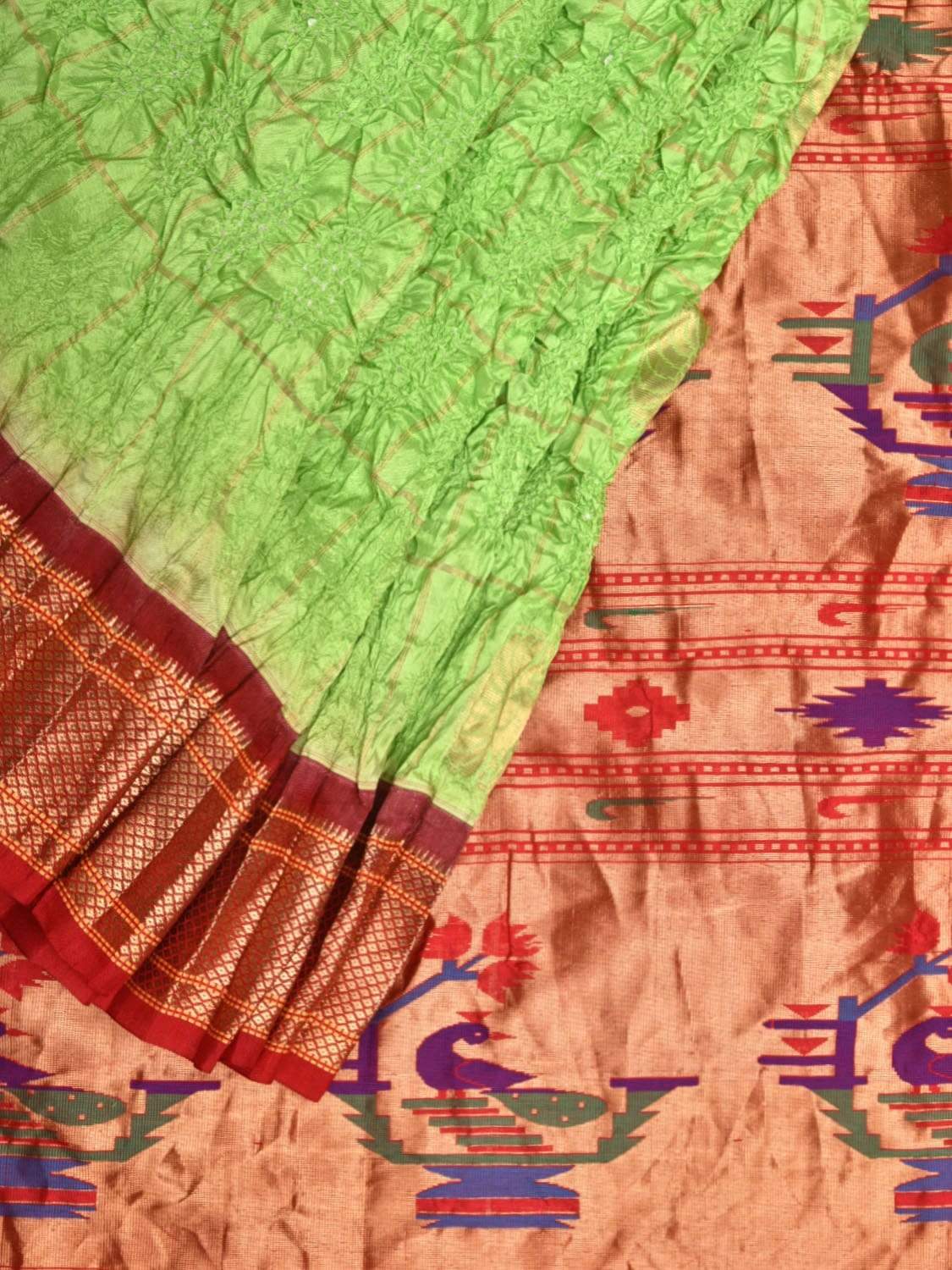 Light Green Bandhani Paithani Silk Handloom Saree with Buta and Checks Design bn0150