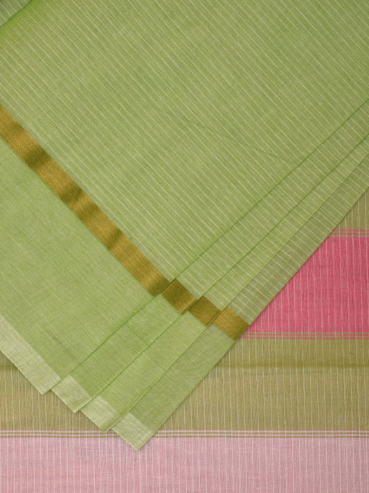 Light Green Cotton Saree with Strips and One Side Ikat Border Design o0461