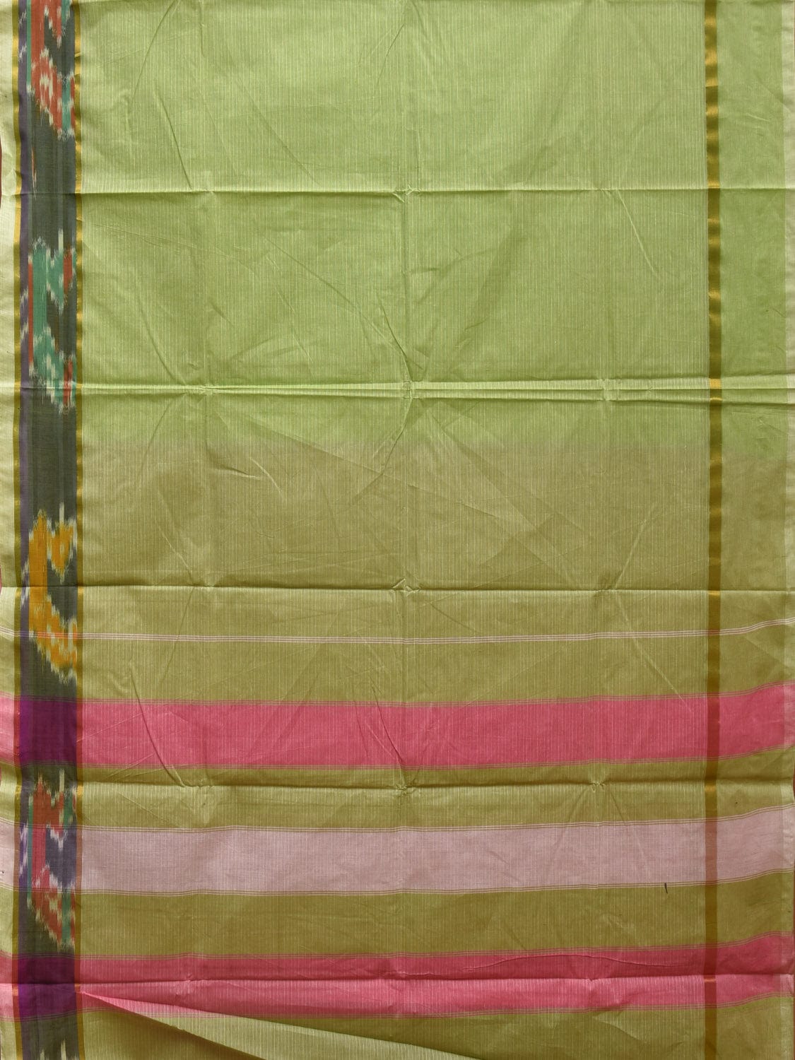 Light Green Cotton Saree with Strips and One Side Ikat Border Design o0461