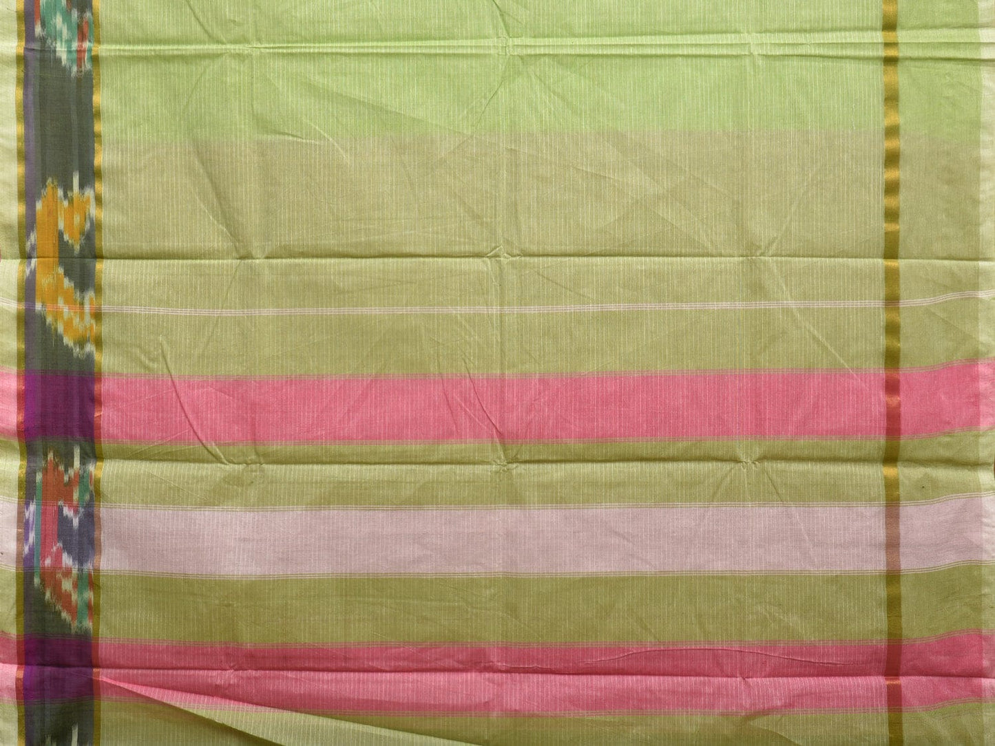 Light Green Cotton Saree with Strips and One Side Ikat Border Design o0461