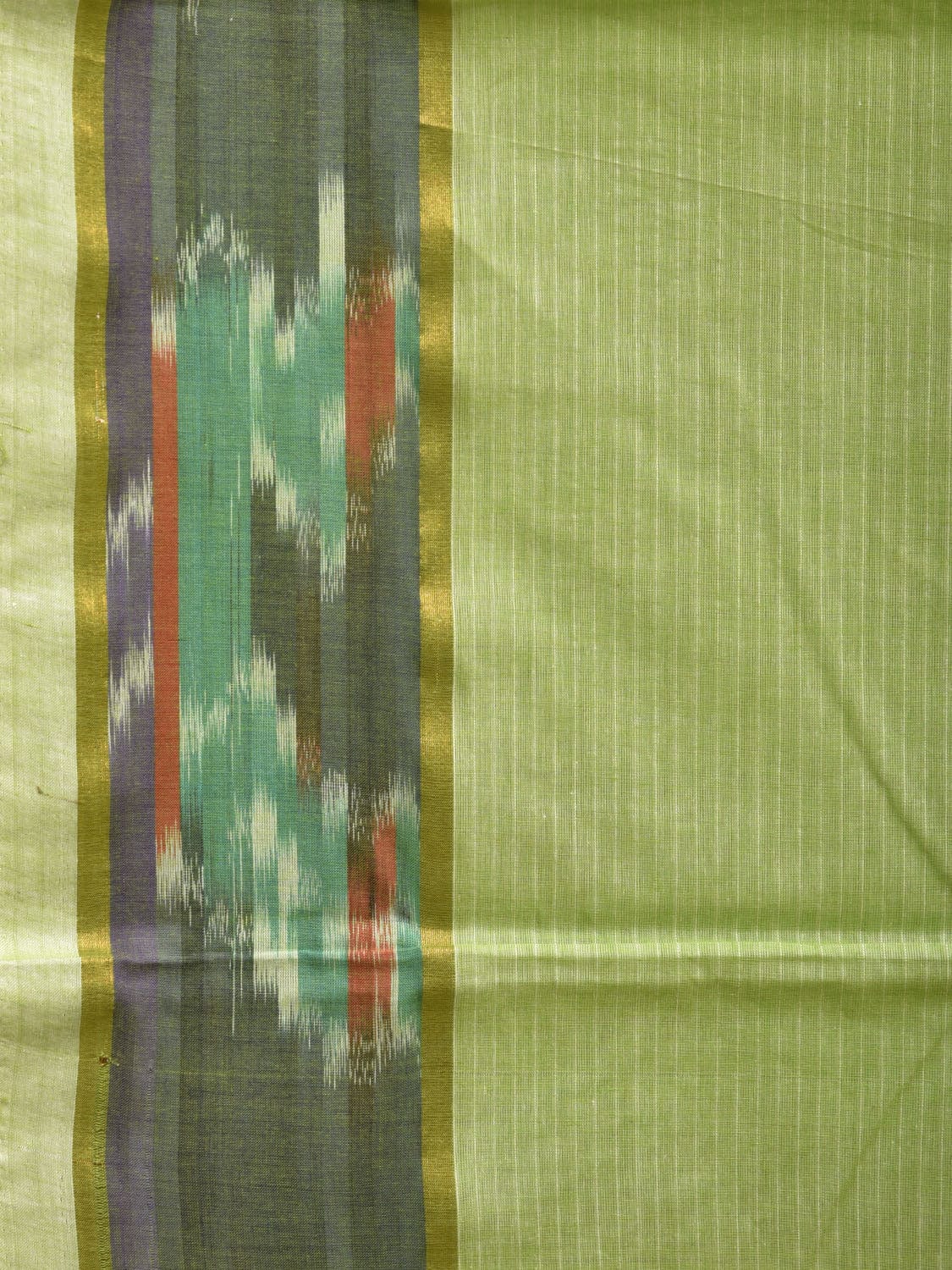 Light Green Cotton Saree with Strips and One Side Ikat Border Design o0461