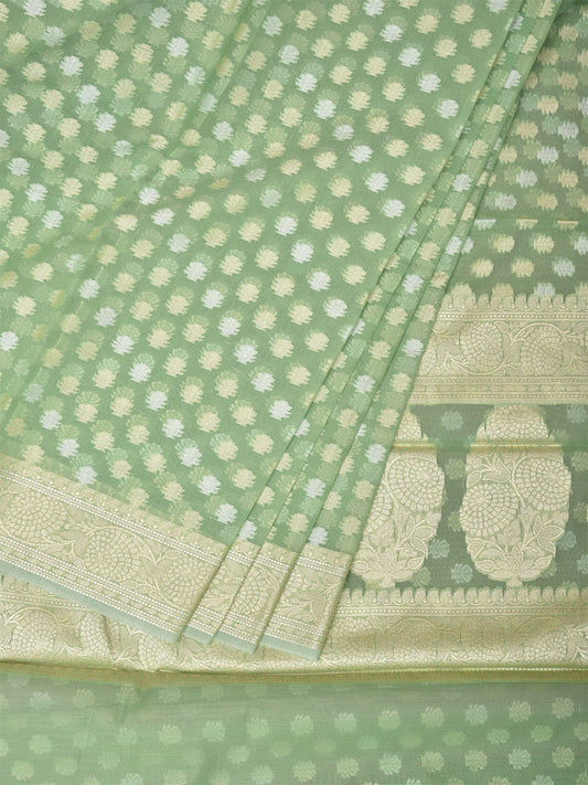 Light Green Cut Work Cotton Silk Saree with All Over Banaras Design o0392