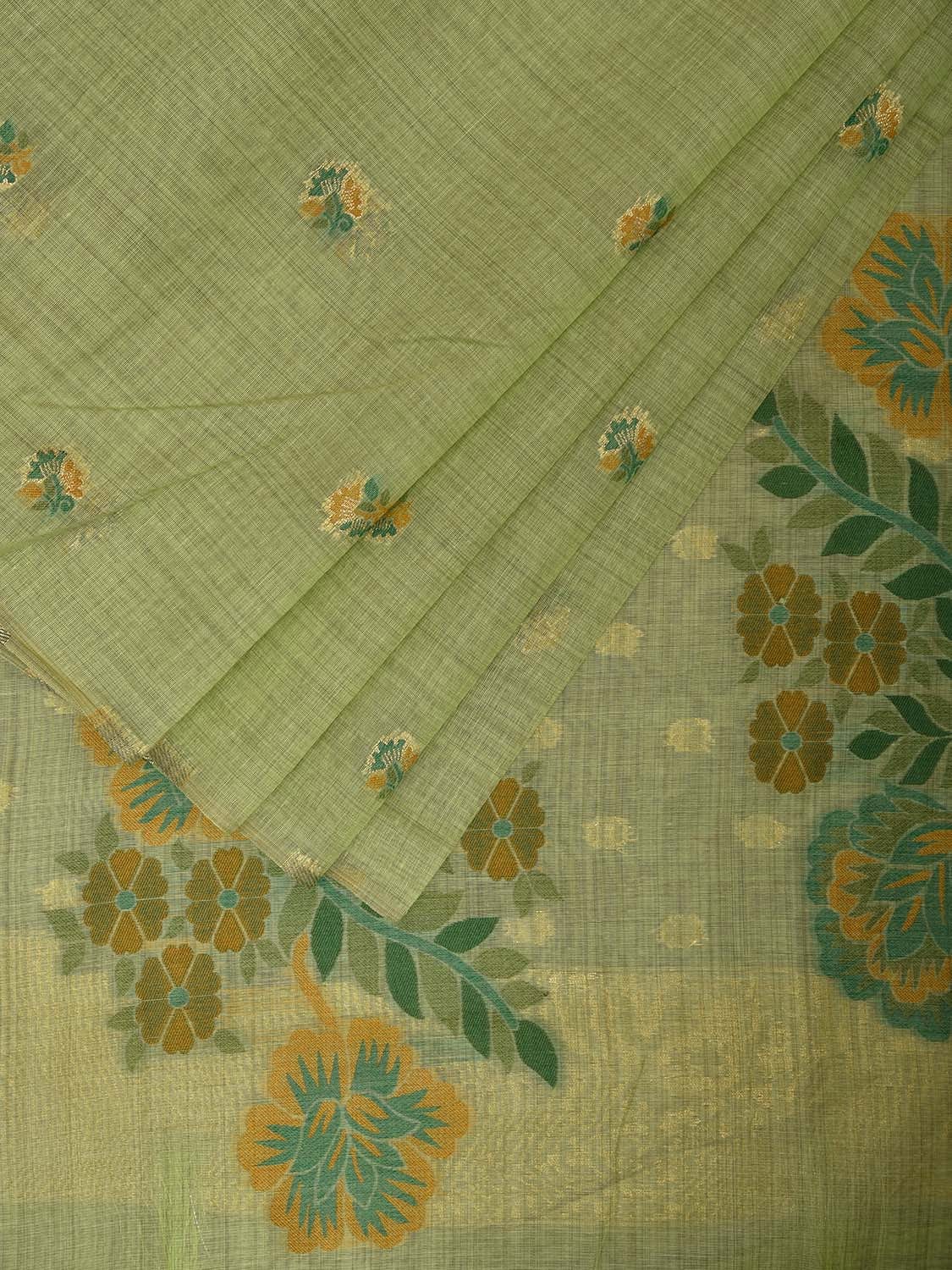 Light Green Dhakai Jamdani Cotton Viscose Saree with Floral Pallu and Buta Design dj0087