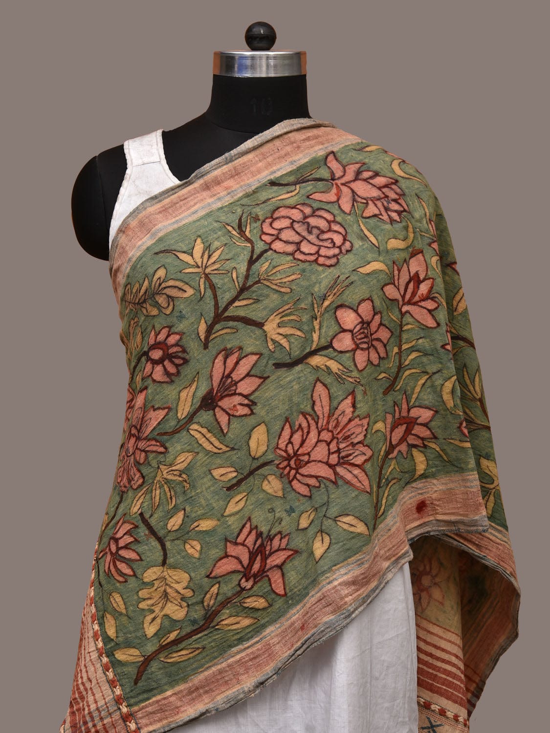 Light Green Kalamkari Hand Painted Bhujodi Cotton Handloom Stole with Floral Design ds3194