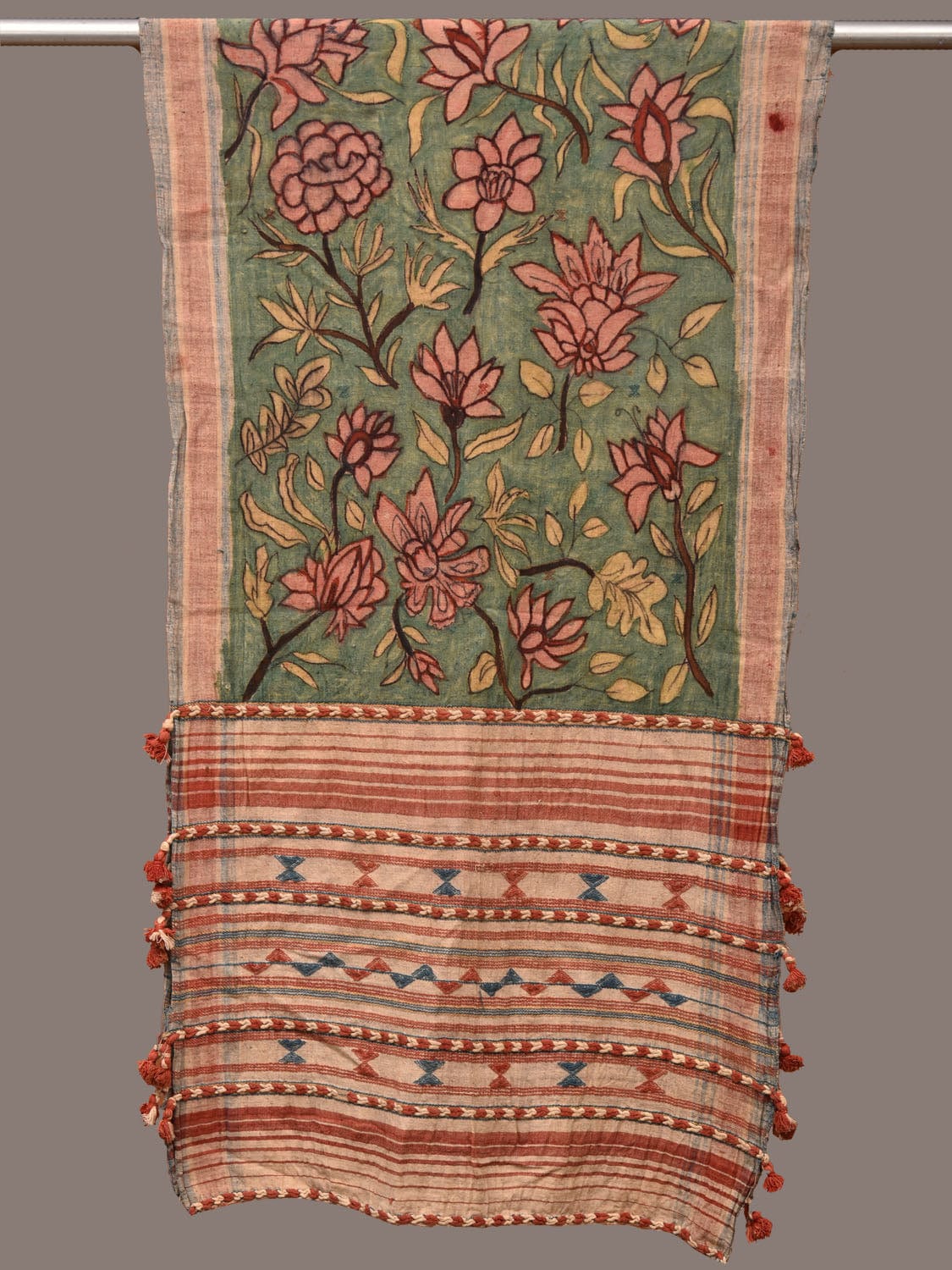 Light Green Kalamkari Hand Painted Bhujodi Cotton Handloom Stole with Floral Design ds3194