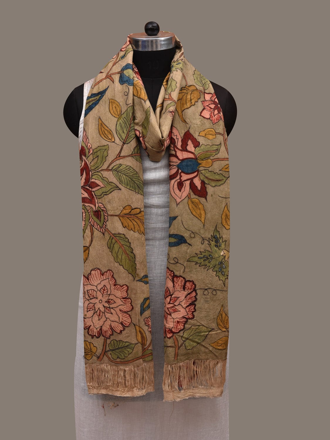 Light Green Kalamkari Hand Painted Cotton Dupatta with Floral and Doby Border Design ds2923