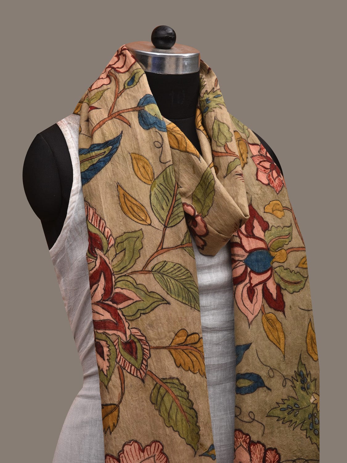 Light Green Kalamkari Hand Painted Cotton Dupatta with Floral and Doby Border Design ds2923